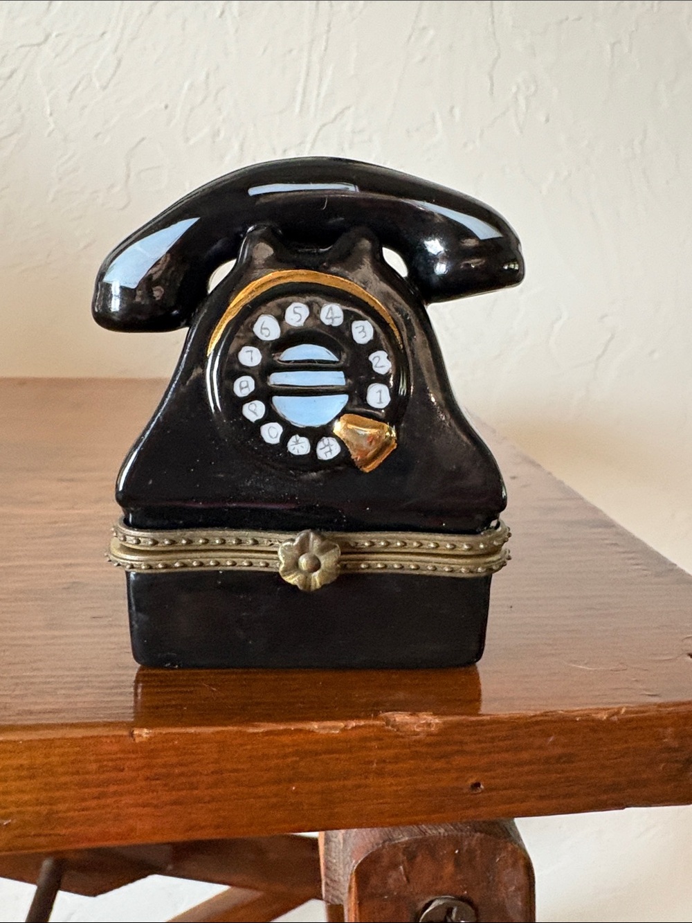 Black Ceramic Vintage Telephone Jewelry Trinket Box with Gold Accents